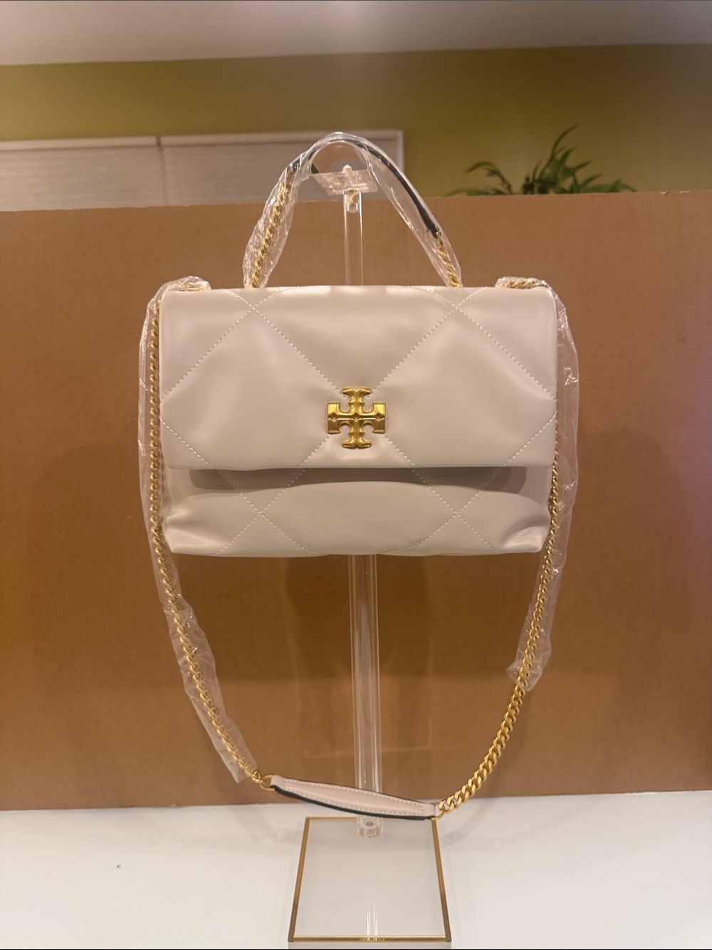 Tory Burch Cream Quilted Leather Chain Shoulder Bag with Top Handle